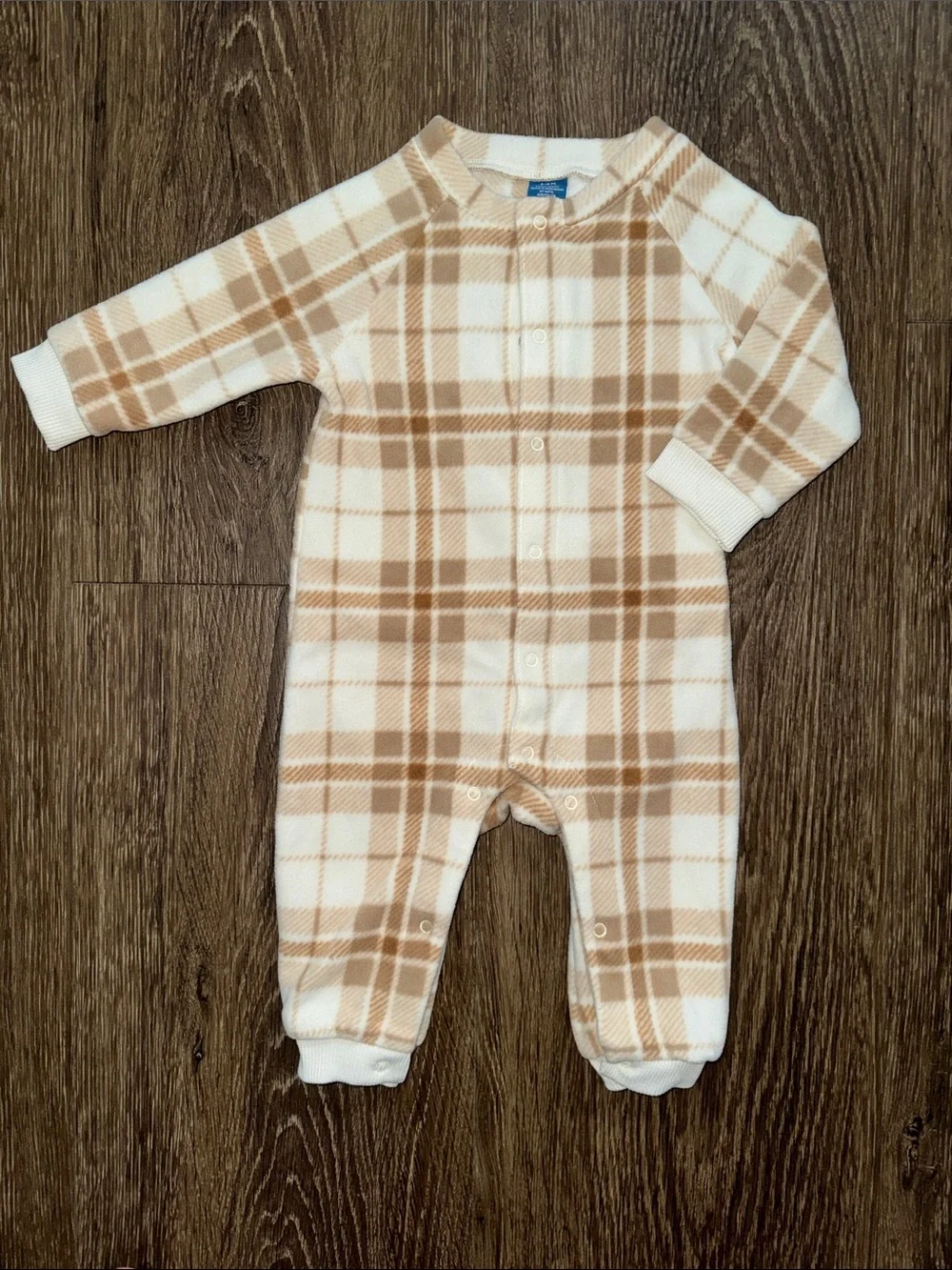 Old Navy Plaid Fleece One-Piece Romper in Cream & Tan (0-3 months)